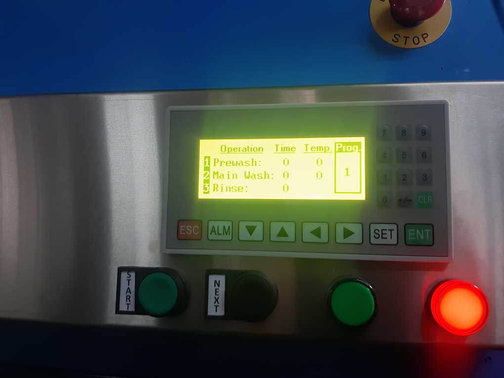 First panel of Program: Select time (0 to 59 min.) and temperature (0 to 75 Celsius) for Prewash and Main wash and also time for Rinse